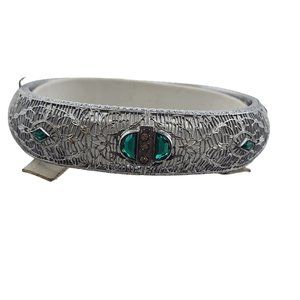Antique Signed Edwardian Filigree Glass Bangle Bracelet (A3790)